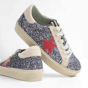 ShuShop Reba Silver Glitter Star Lace Up Platform Sneakers